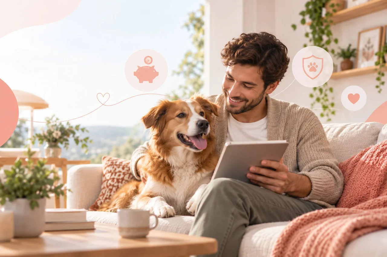 Owner using a tablet on a sofa beside a golden-colored dog