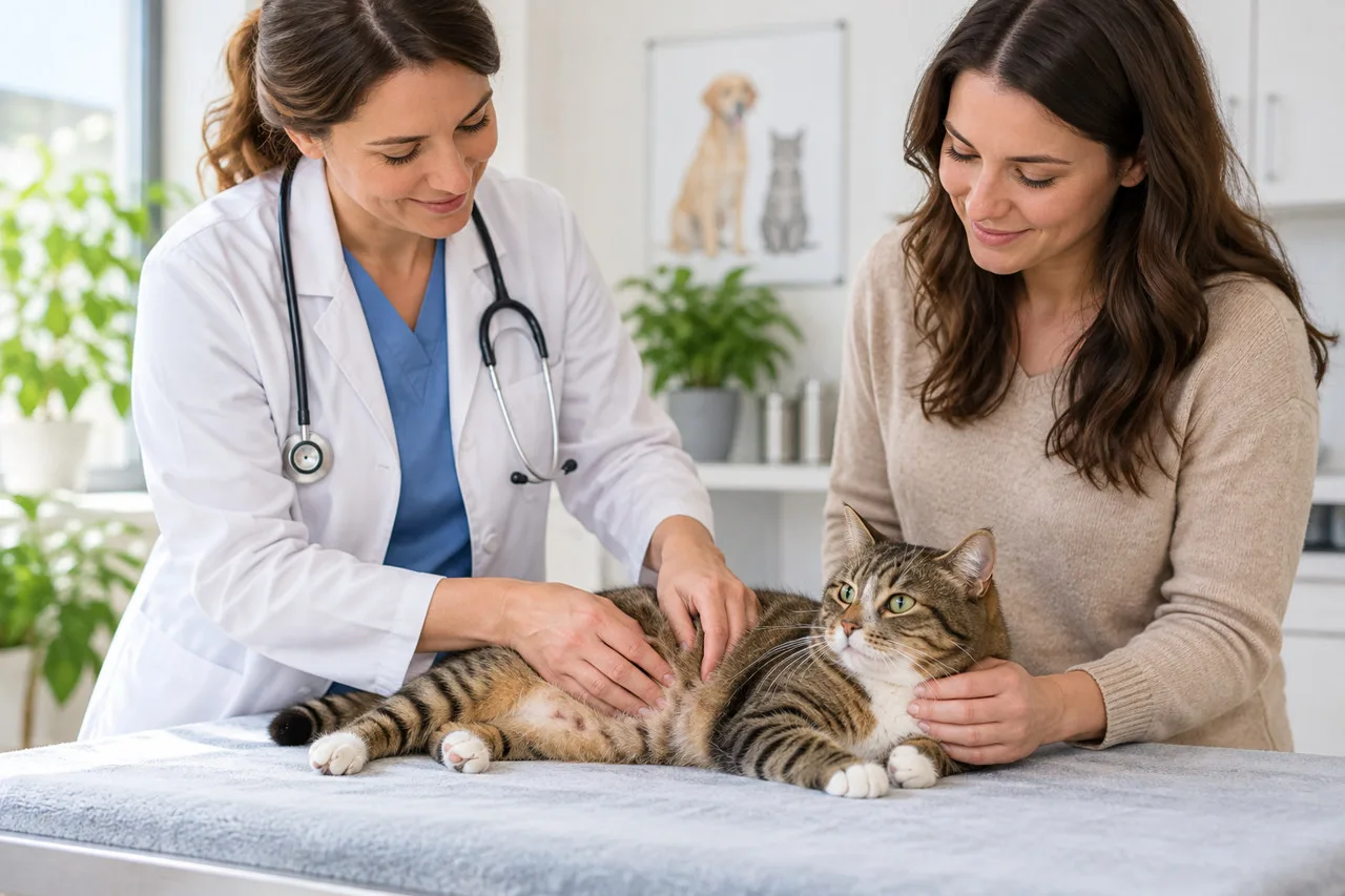Veterinarian examining a cat with its owner